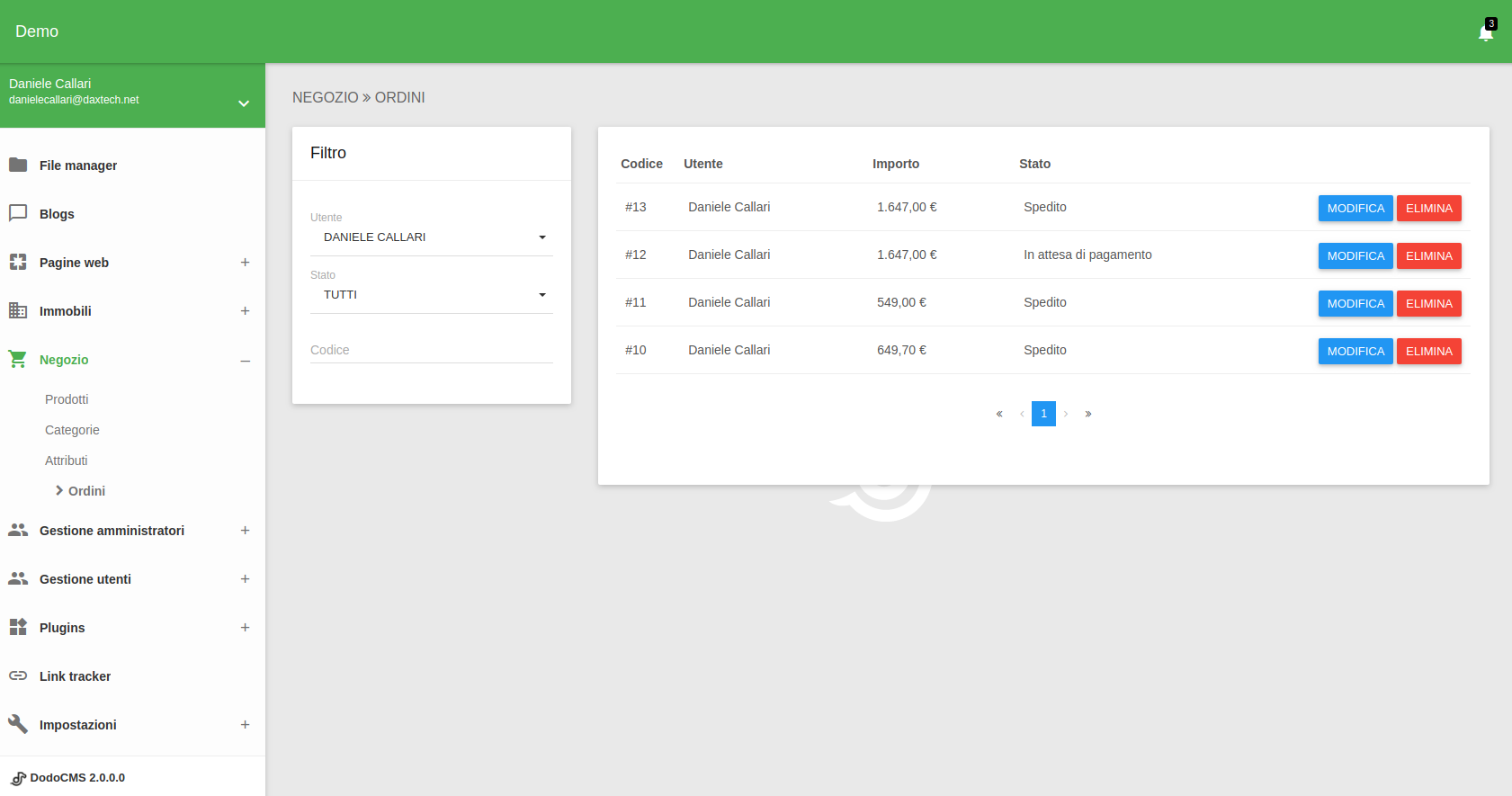 DodoCMS e-commerce: elenco ordini