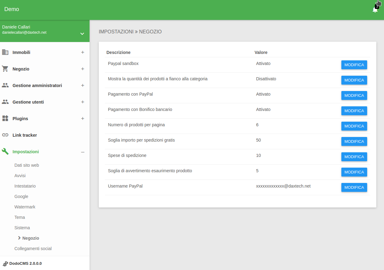 DodoCMS e-commerce: impostazioni negozio