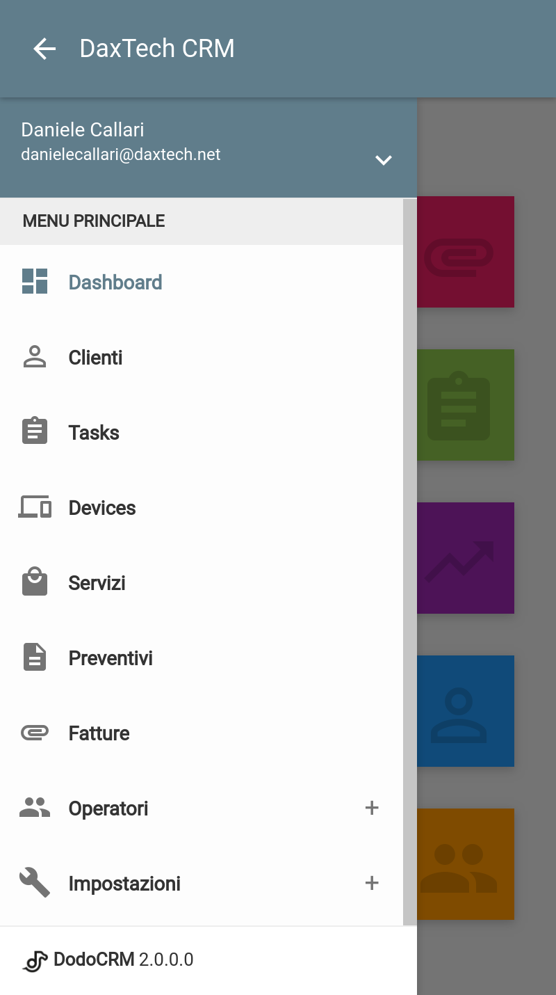 DodoCRM - Vista del menu da smartphone